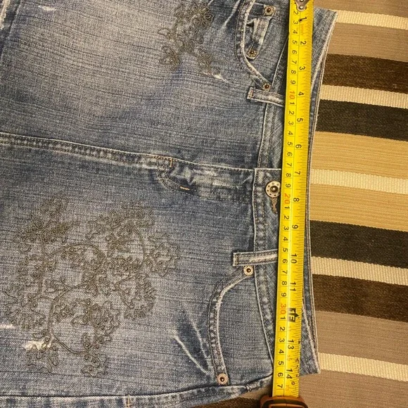 Y2K R4R Rave Jeans Blue Denim Mini Skirt Embroidered Distressed sz 3 - Picture 8 of 10